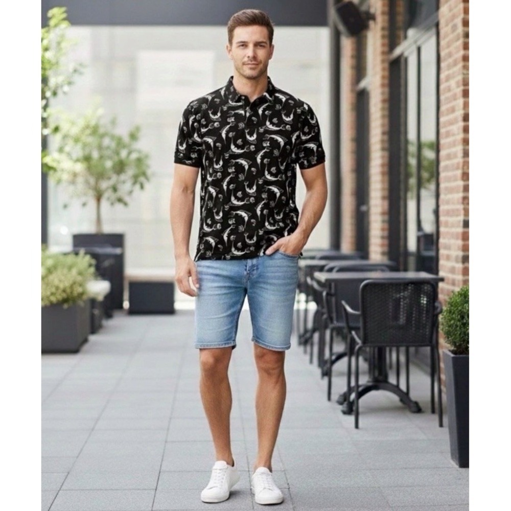 Polo Sport Ralph Lauren Mens 2XL Cotton Swordfish Marlin Print Polo Shirt Navy